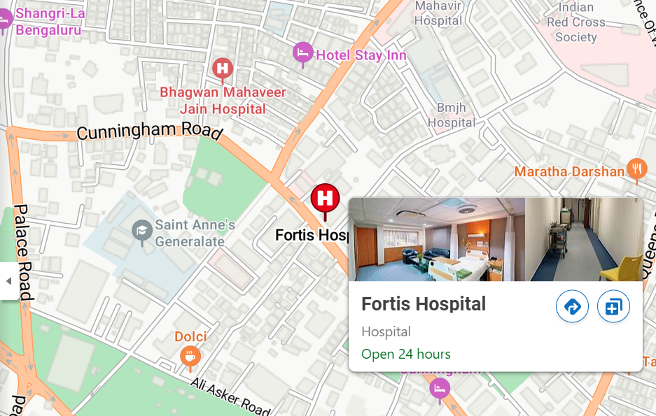 Map showing location of Fortis Hospital Cunningham Road for easy navigation