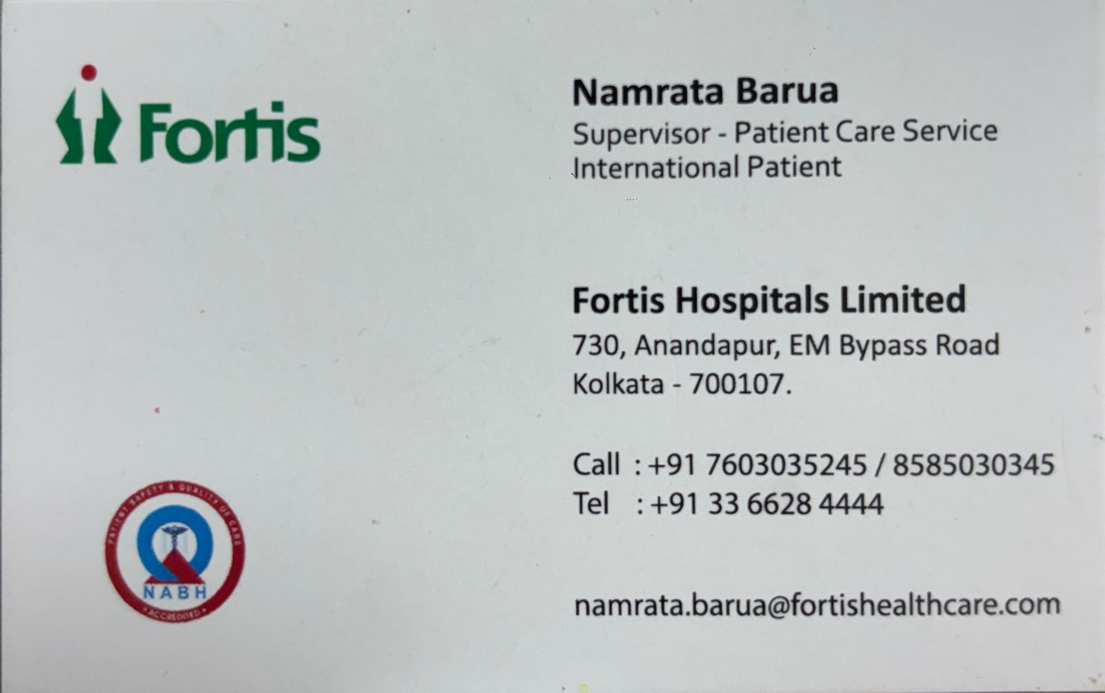 MS. NAMRATA BARUA - IPS DESK , FORTIS HOSPITAL ANANDAPUR 