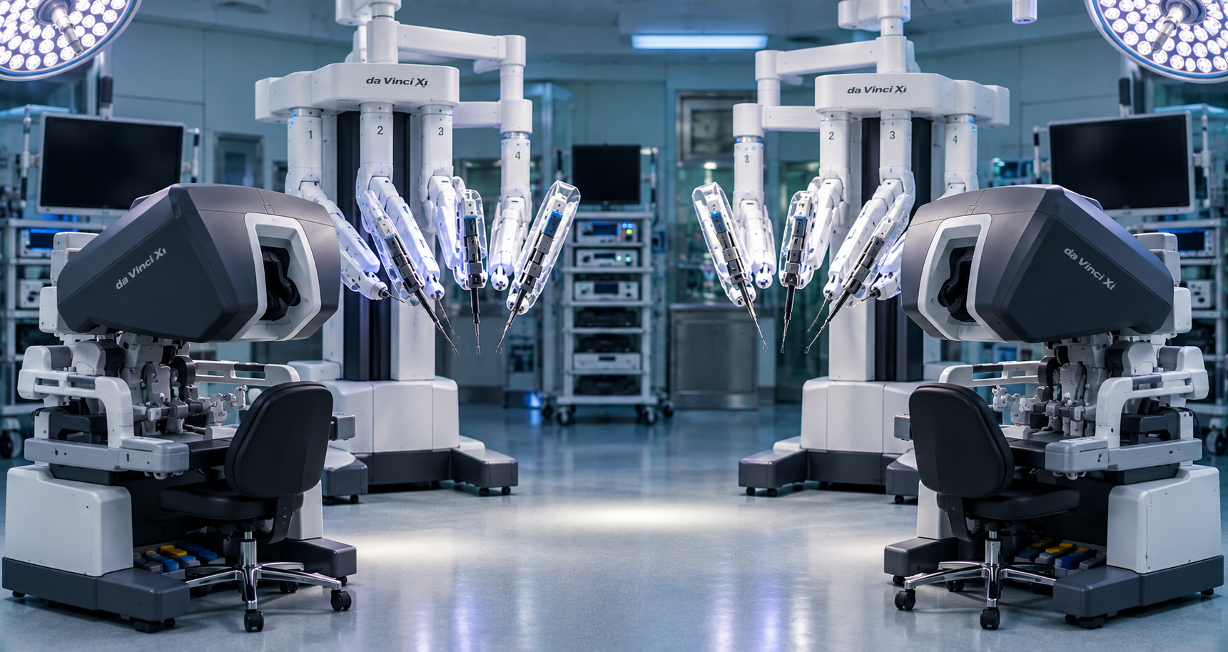 Wide shot of the two da Vinci Xi systems in theatre.
