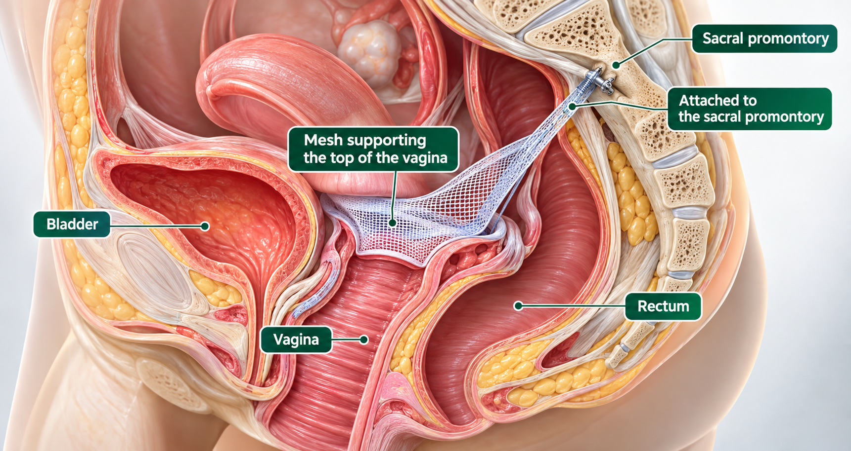 Diagram of robotic sacrocolpopexy showing mesh attaching the vaginal vault to the sacrum