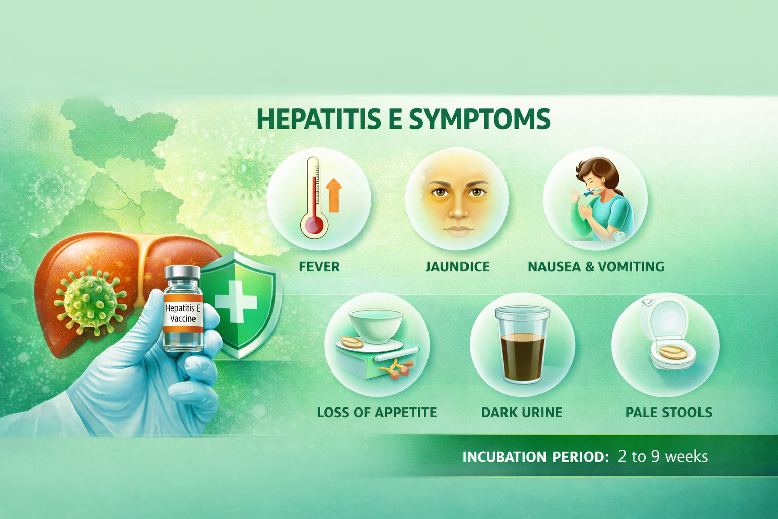 Visual card/infographic showing the 6 key symptoms: Fever, Jaundice, Nausea & Vomiting, Loss of Appetite, Dark Urine, Pale Stools — with incubation period noted
