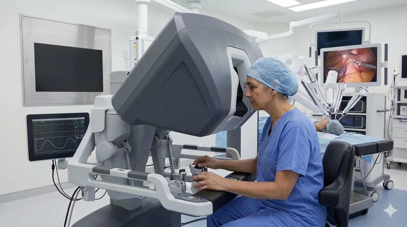 The surgeon controls the robotic arms from an ergonomic console with immersive 3D HD vision and wristed instruments