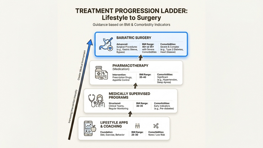 Each step up represents more intensive intervention as BMI and comorbidities increase.