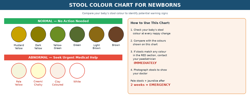 Fig. 2: Stool Colour Chart — Compare your baby’s stool colour at every nappy change. Any colour in the red zone requires immediate medical attention.