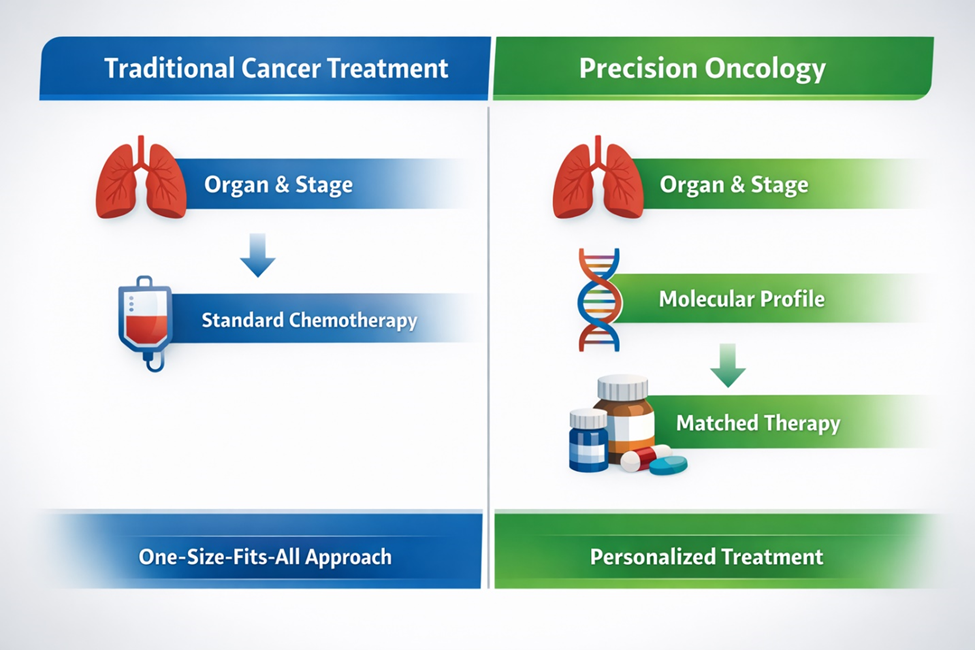 The paradigm shift — traditional cancer treatment was based on organ and stage alone. Precision oncology matches treatment to the tumour’s specific molecular drivers.
