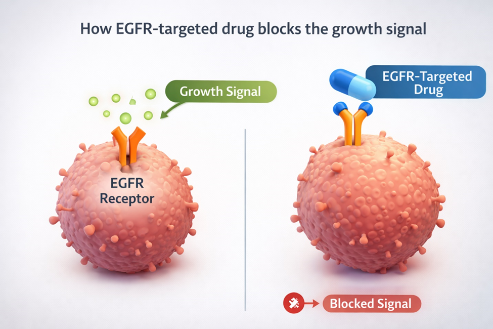 Diagram showing how an EGFR-targeted drug blocks the growth signal on a cancer cell — simple cell-and-receptor illustration for patients