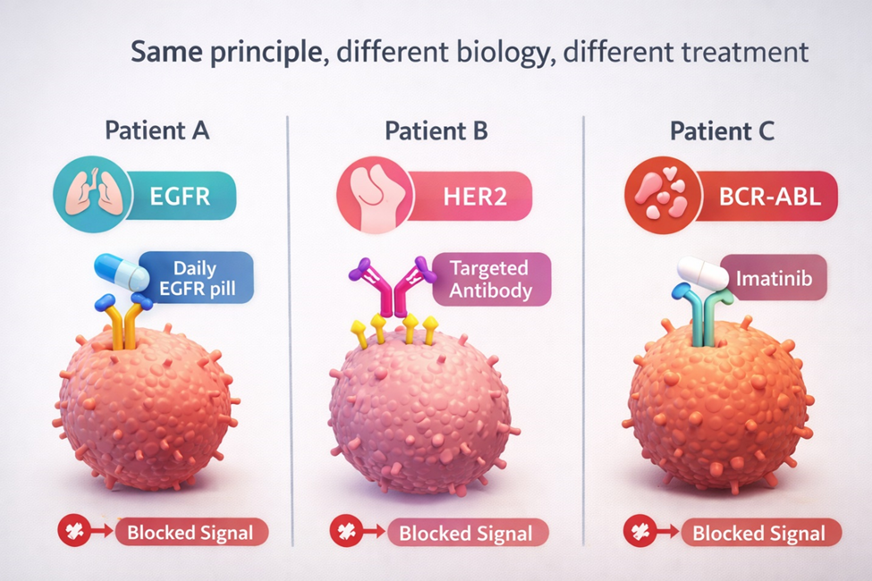 Figure 2: Same disease name, different biology, different treatment. Precision oncology ensures each patient receives the therapy matched to their tumour’s molecular profile.