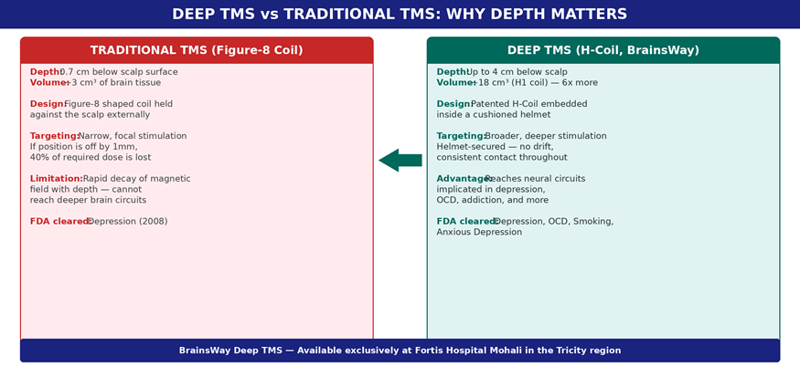 Deep TMS reaches deeper brain structures using the H-Coil, enabling treatment of conditions beyond depression.