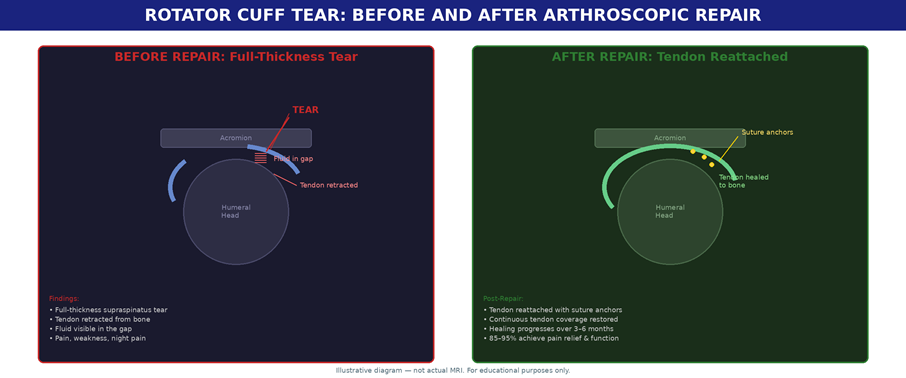 Illustrative diagram showing a full-thickness rotator cuff tear (left) and the repaired tendon reattached to bone with suture anchors after arthroscopic repair (right). For educational purposes — not actual MRI.