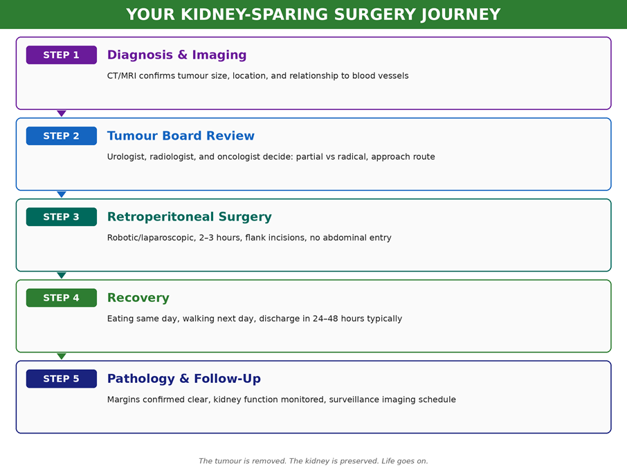 The journey from diagnosis to recovery — each step is designed to preserve your kidney while ensuring complete tumour removal.