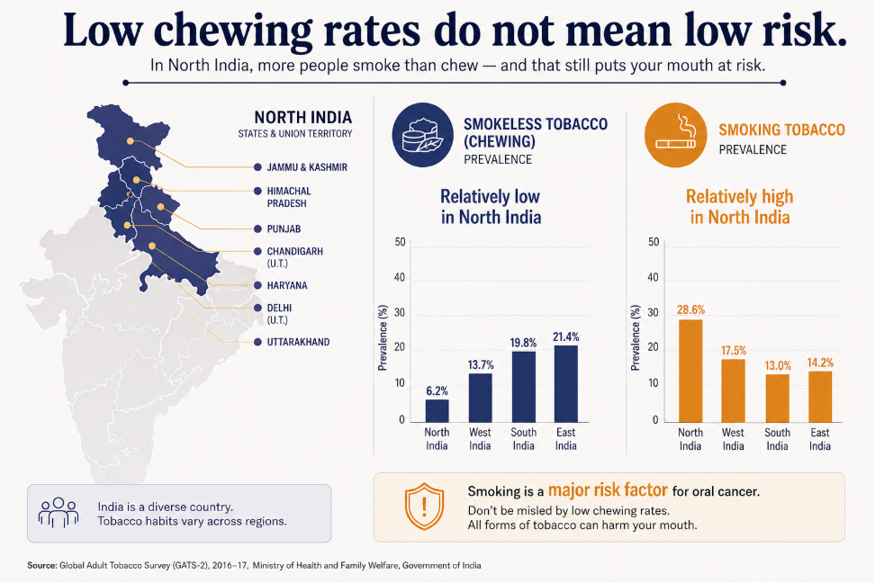 In North India the tobacco burden leans towards smoking and bidi, but the oral cancer risk applies to every form