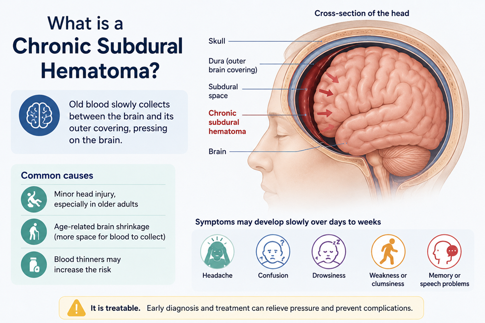 Figure 1: Blood slowly collects between the brain and the dura, gradually pressing on the brain.