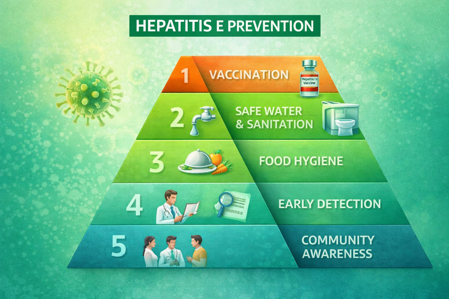 : Pyramid infographic with 5 layers from top to bottom: (1) Vaccination — strongest, (2) Safe Water & Sanitation, (3) Food Hygiene, (4) Early Detection, (5) Community Awareness