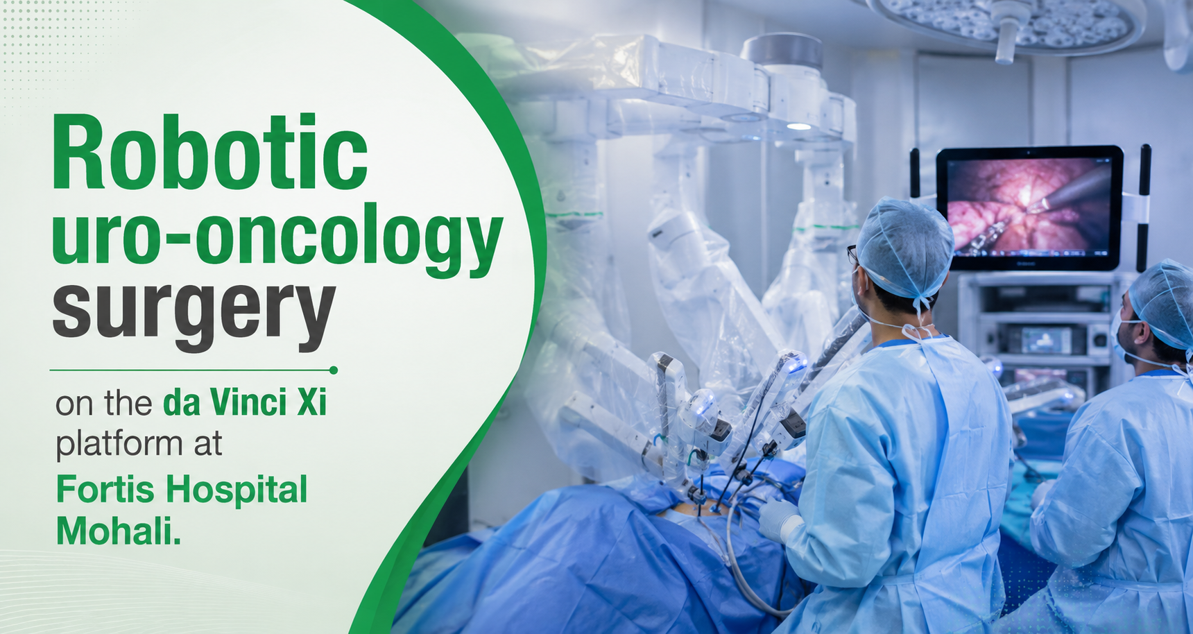 Urology surgical team performing robot-assisted surgery on the da Vinci Xi system at Fortis Hospital Mohali.