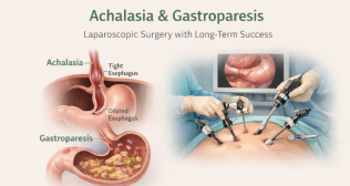 Medical illustration showing Achalasia and Gastroparesis conditions alongside a laparoscopic surgery procedure. The left side displays anatomical diagrams of the esophagus and stomach highlighting tight esophageal muscles in Achalasia and delayed stomach emptying in Gastroparesis. The right side shows surgeons performing minimally invasive laparoscopic surgery using instruments inserted through small abdominal incisions. The image heading reads “Achalasia & Gastroparesis